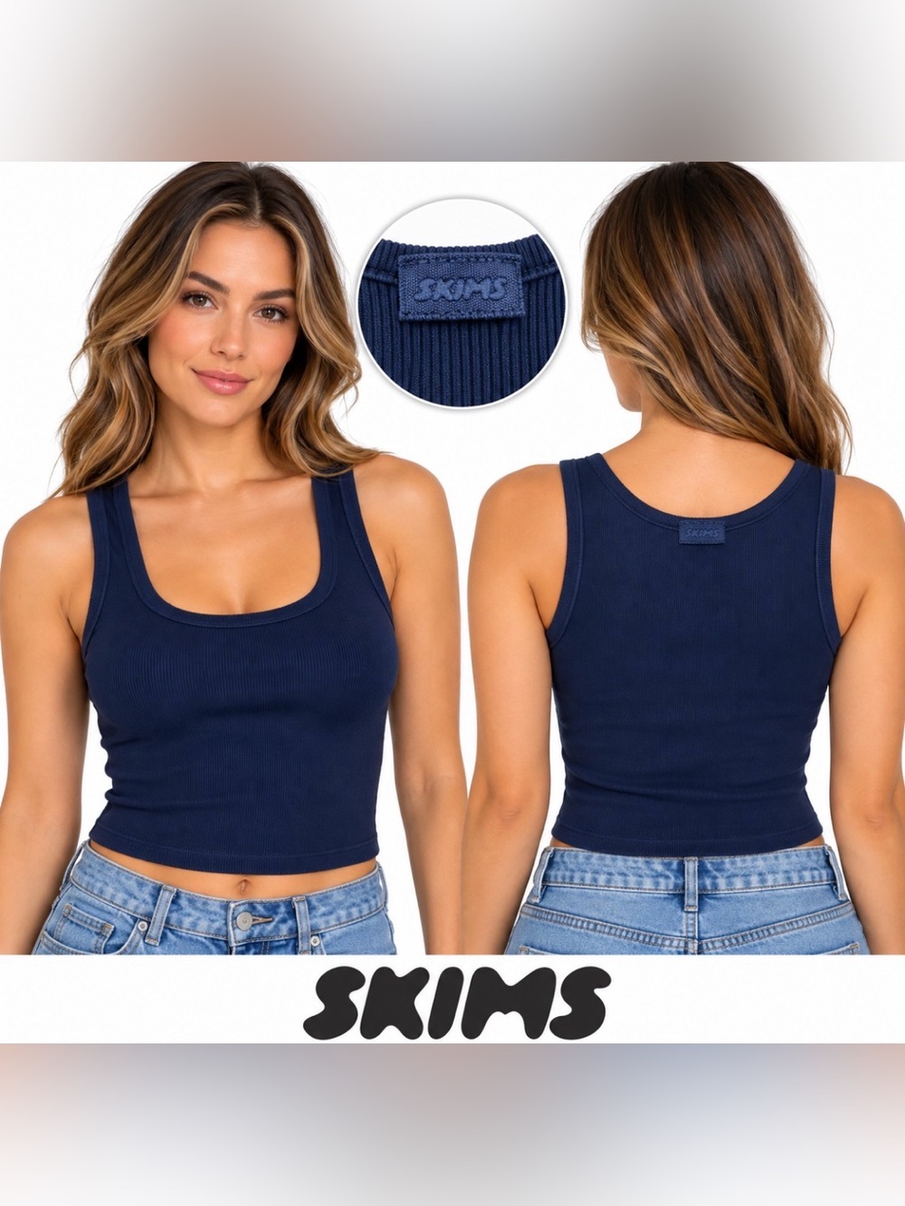 SKIMS Cotton Rib Tank Navy Blue Fitted Scoop Neck Stretch Cropped Bodycon Top 2X